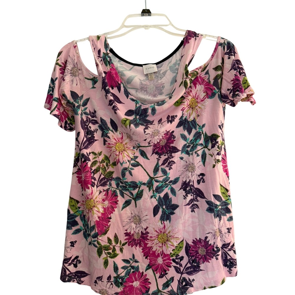 Cupio Pink Floral Top Blouse Cold Shoulder Short Sleeve CM31599 Womens Medium